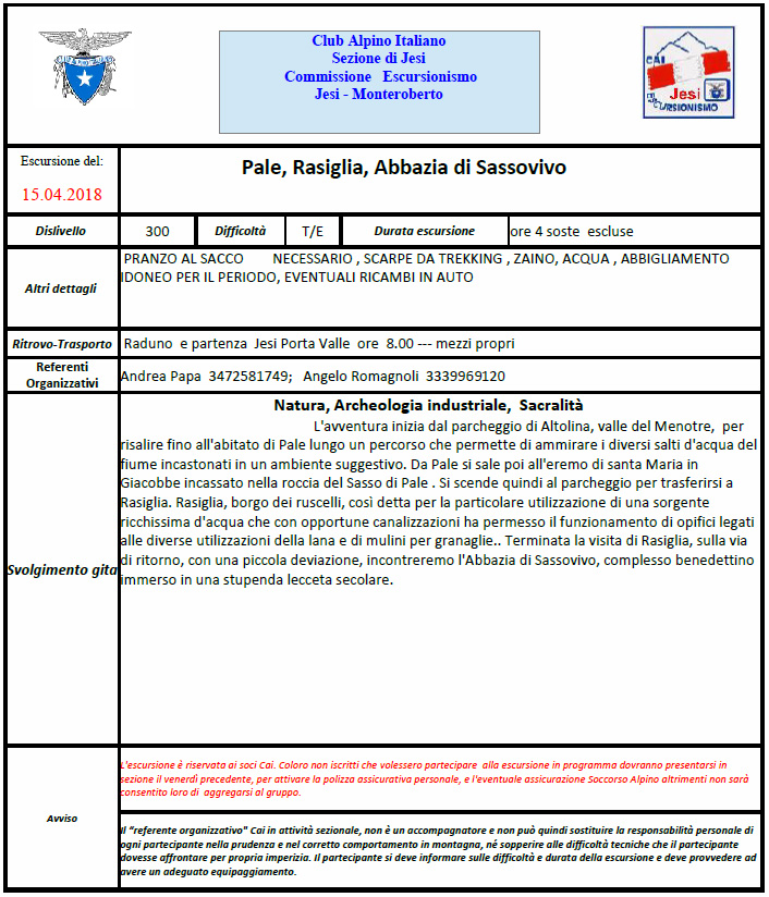 15 Aprile 2018 – Escursione a Pale, Rasiglia, Abbazia Sassovivo