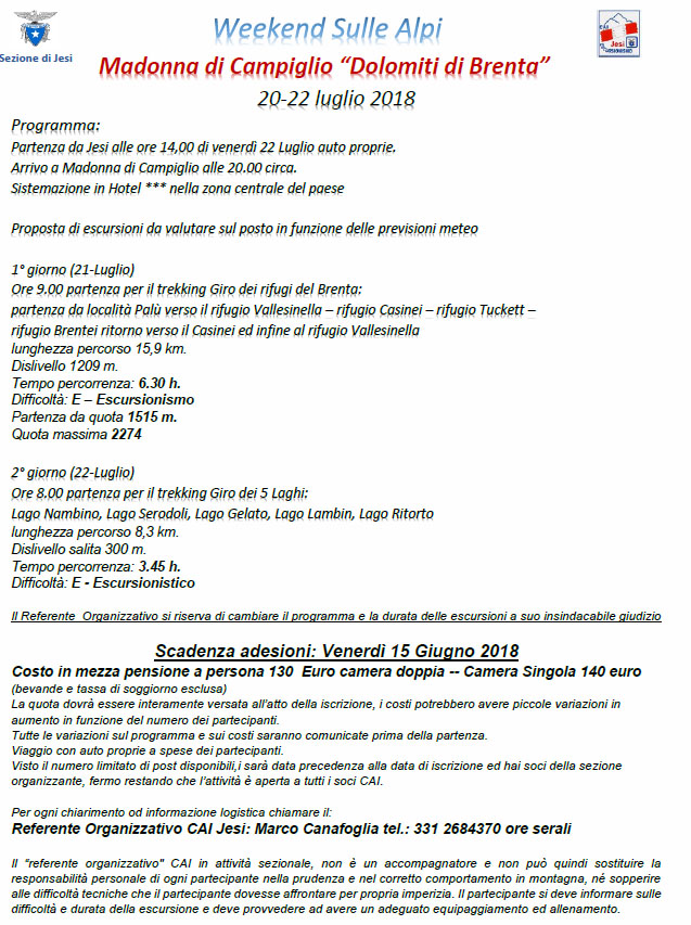 20-22 Luglio – W.End ” dolomiti di Brenta” – PRENOTAZIONI