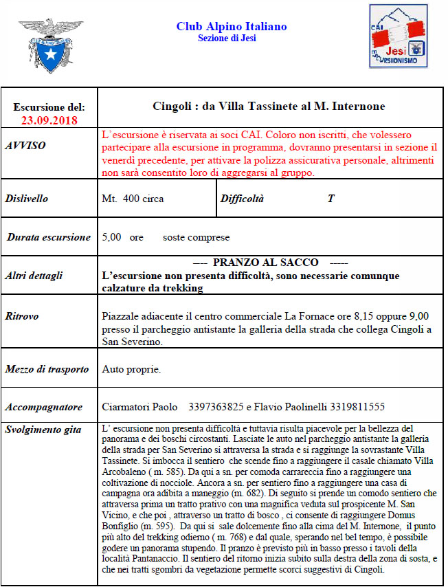 23 Settembre 2018 – CIngoli  -Da Villa Tassinete al Mt. Internone