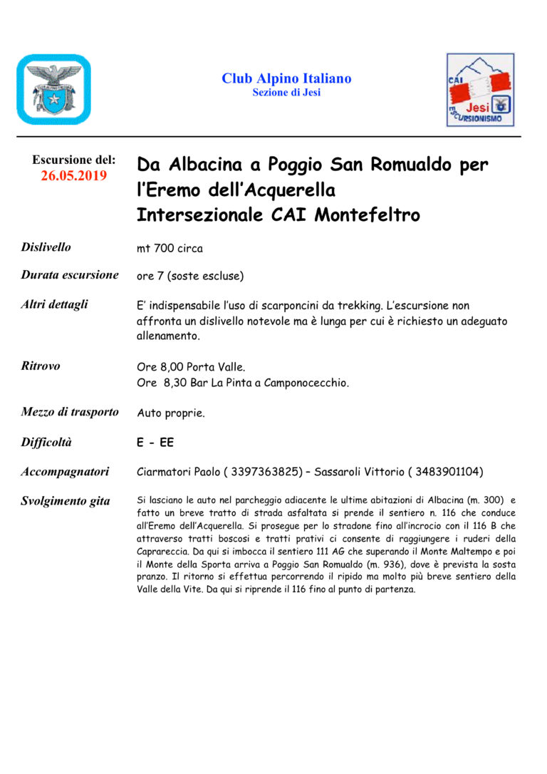 26 Maggio 2019 – Intersez.  CAI Montefeltro – Eremo Acquerella  P.S. Romualdo. ANNULLATA PER MALTEMPO
