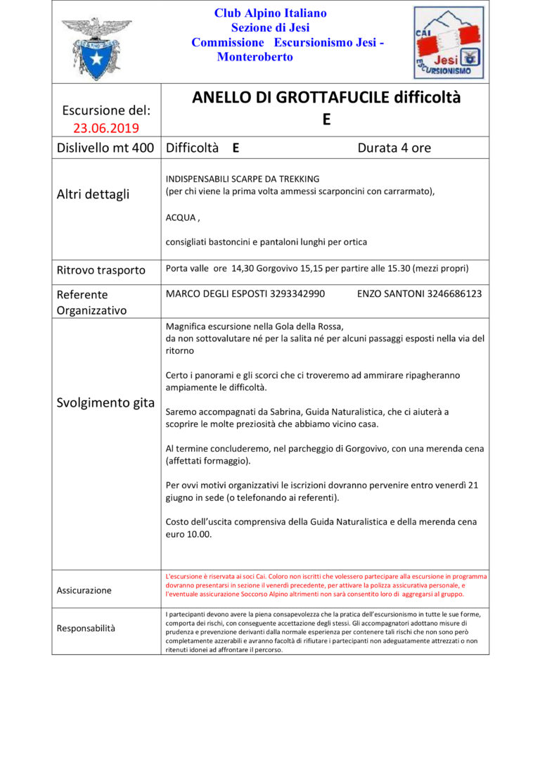 23 giugno 2019 – esc. pomeridiana PArco Gola Rossa -Frasassi