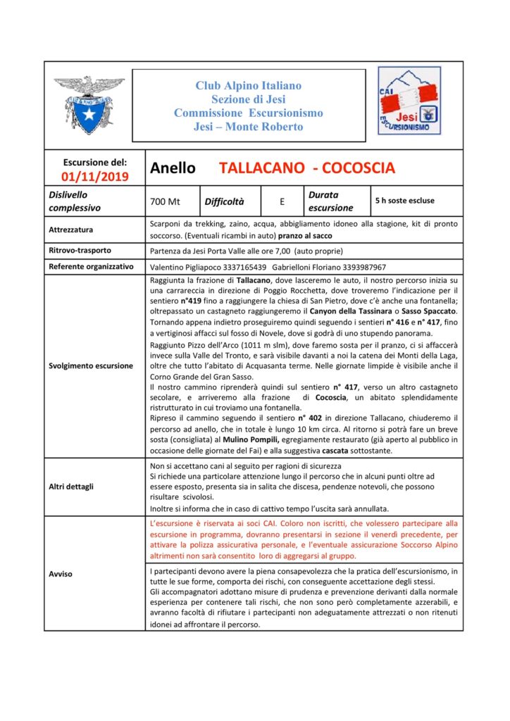 1 Nov. 2019 –  Anello      TALLACANO  – COCOSCIA